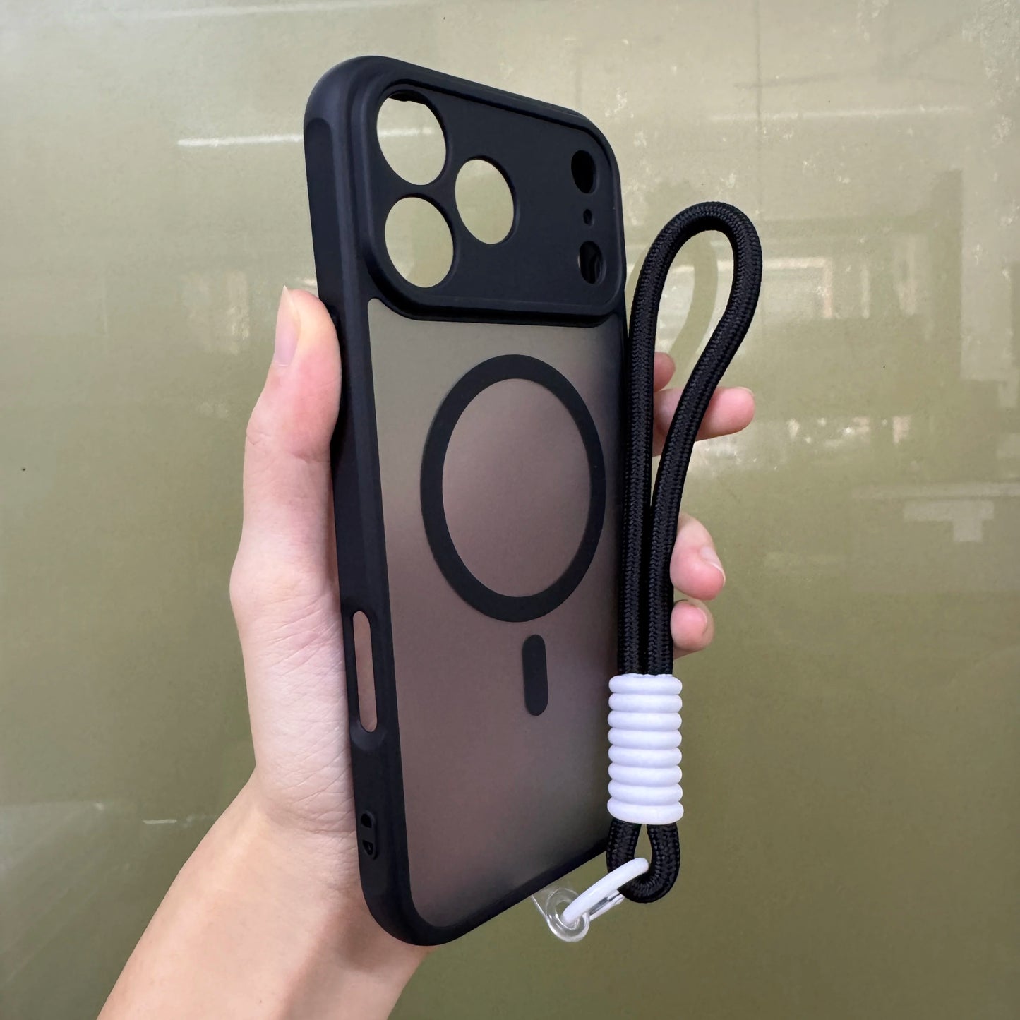 iPhone 17 Series Luxury Matte Clear Case with Strap, Camera Protection, and MagSafe Wireless Charging.