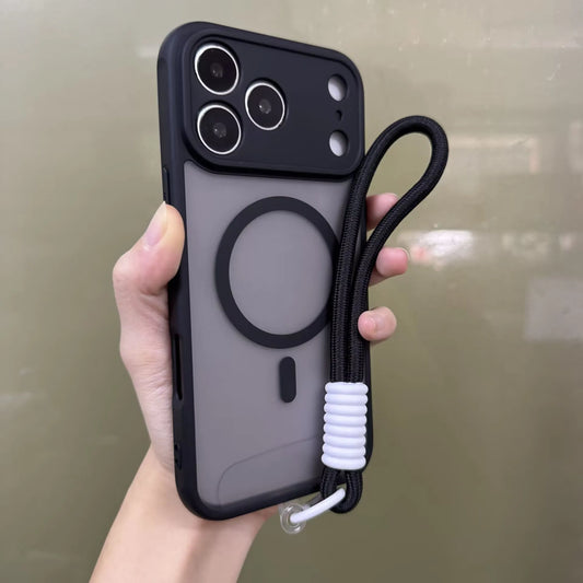 iPhone 17 Series Luxury Matte Clear Case with Strap, Camera Protection, and MagSafe Wireless Charging.